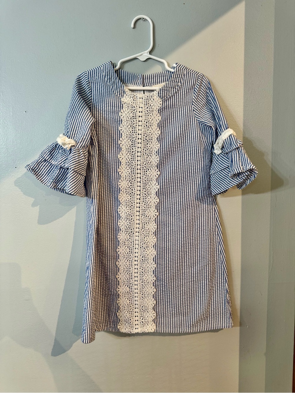 Rare Editions Blue and White Stripe Lace-Front Girls Dress